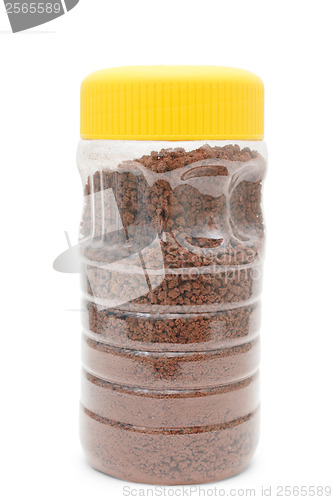 Image of granular cocoa packaging plastic yellow bank isolated on a white