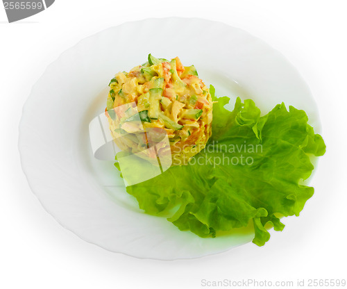 Image of lettuce cucumbers tomatoes mayonnaise apple isolated on white ba