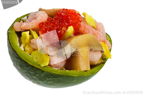 Image of mushrooms and shrimp avocado delicacy isolated on white backgrou