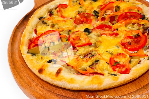 Image of cheese appetizing pizza with wooden tray close up white backgrou