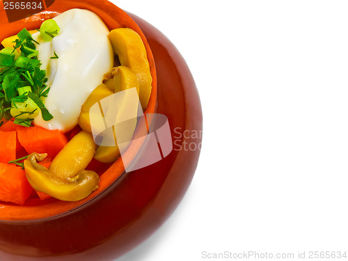 Image of stewed potatoes with meat, mushrooms and carrots onions ceramic 