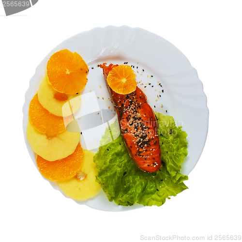 Image of fish tasty plate boiled salad isolated on white background clipp