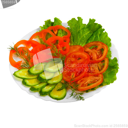 Image of Salad of cucumber and tomato salad appetizer with slices of fenn