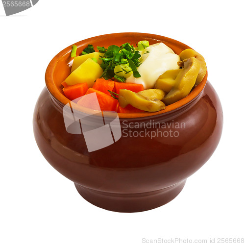 Image of potatoes pot mushrooms food carrot isolated on white ba