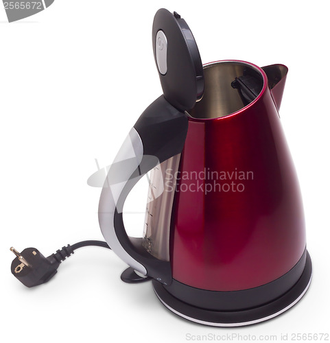 Image of red electric tea kettle isolated on white background