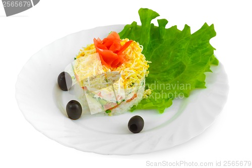 Image of fresh salad with olives, rice, egg cucumbers and tomatoes on whi