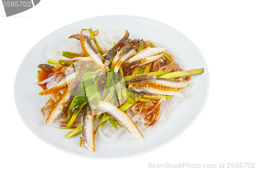 Image of tasty rice extract fish plate long macaroni isolated on white ba
