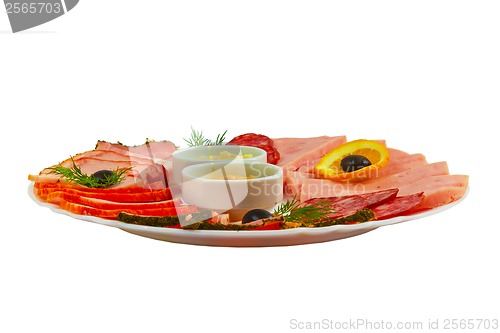 Image of sausage food sliced ham mustard isolated plate on white backgrou