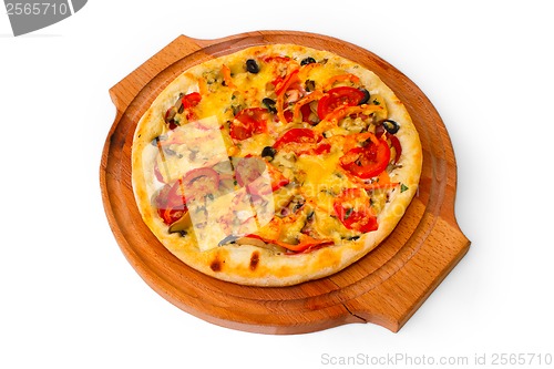 Image of Appetizing pizza with wooden tray cheese close up white backgrou