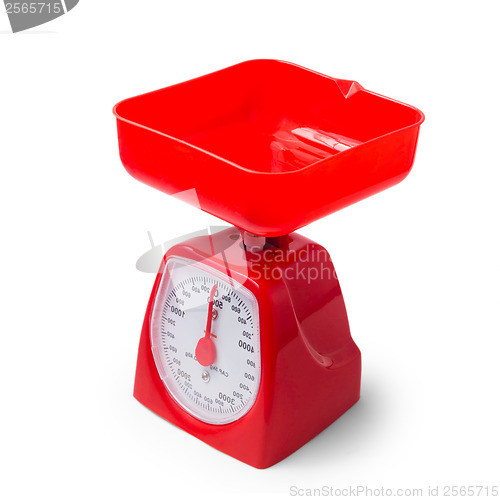 Image of red kitchen scales isolated on white background