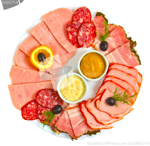 Image of sausage sliced?? mustard isolated plate isolated a on white 