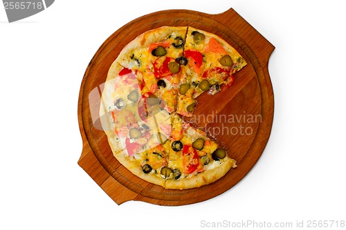 Image of isolated dinner baked pizza white food cheese italian tomato cuc