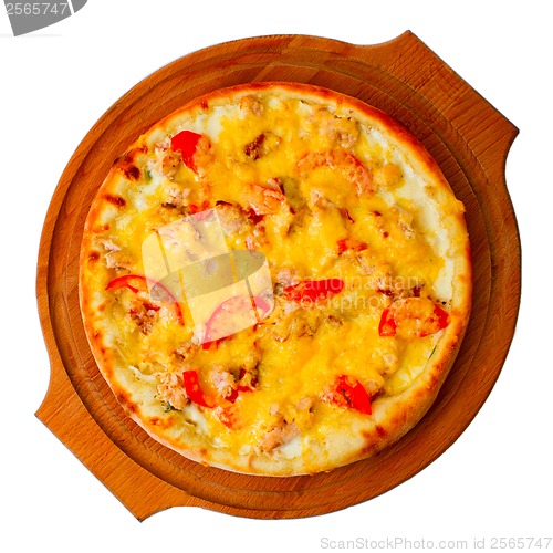 Image of Appetizing pizza with cheese on wooden tray isolated