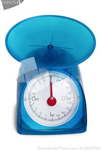 Image of blue kitchen scale to red arrow isolated