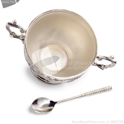 Image of bowl old vintage cup with dollop medieval isolated on white back