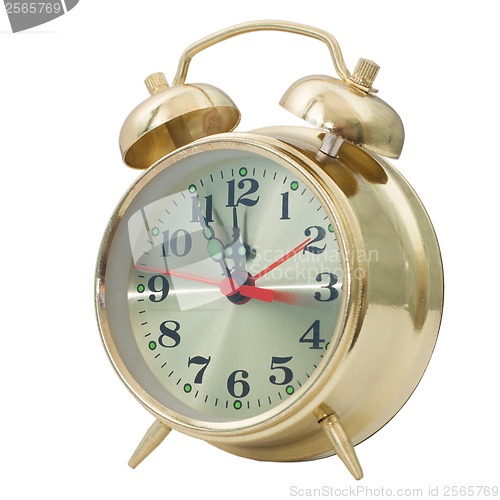 Image of yellow alarm clock gold isolated on white background (clipping p