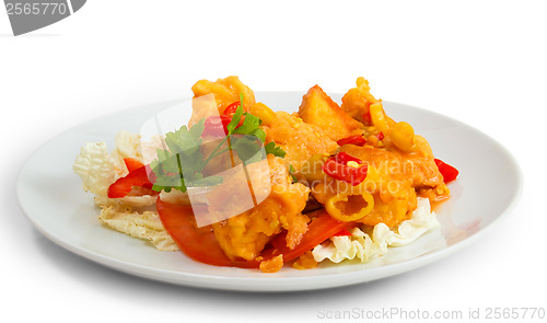 Image of fried fish dish meal  isolated a on white background