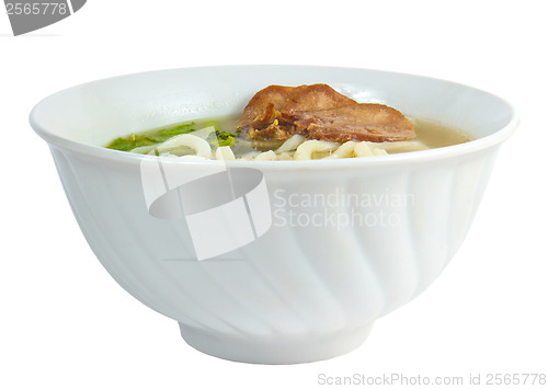 Image of soup beef pasta and egg isolated on white background clipping pa