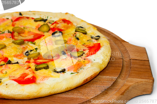 Image of Pizza large tasty cucumber on white background