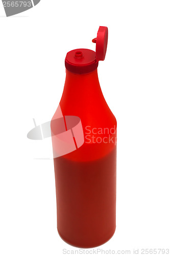 Image of red plastic ketchup bottle isolated on white (clipping path)