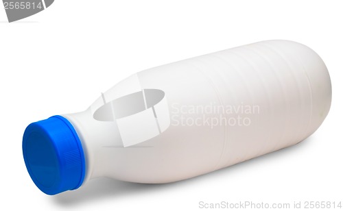 Image of bread baplastic milk bottle lies side isolated on white