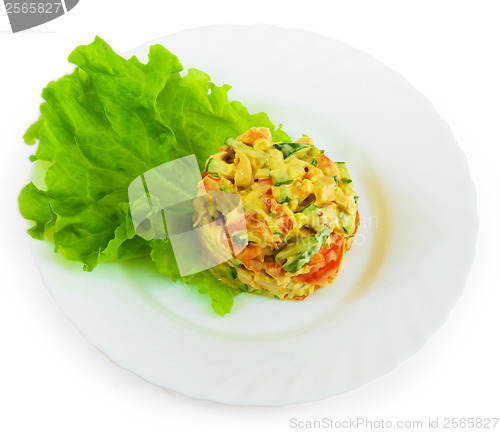 Image of lettuce tasty cucumbers tomatoes mayonnaise apple isolated on wh