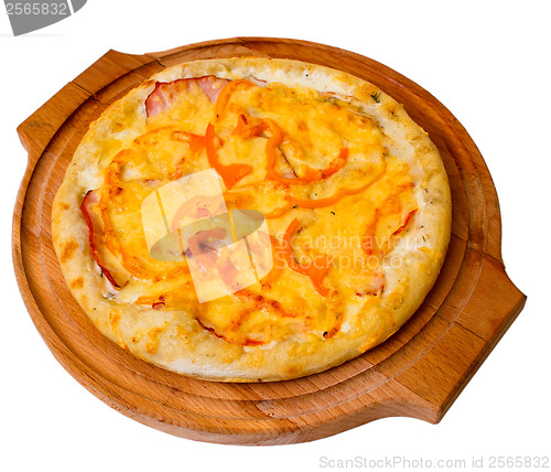 Image of cheese appetizing pizza on wooden tray isolated white backgro