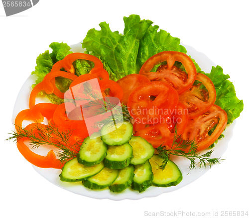 Image of tomatoes cucumbers sliced salad plate isolated a on white backgr