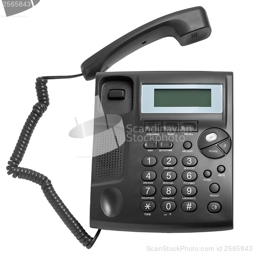 Image of modern black phone call with cord isolated on white background