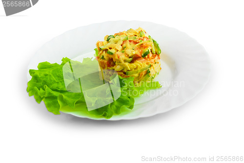 Image of lettuce a cucumbers tomatoes mayonnaise apple isolated on white