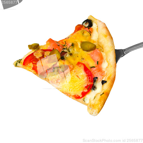 Image of pizza appetizing slice piece isolated on white background (clipp