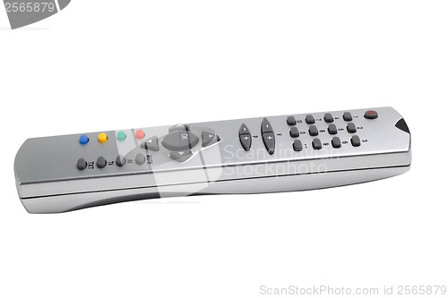 Image of tv remote silver control black on white clipping path