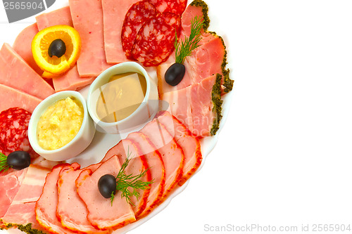 Image of sausage sliced?? mustard isolated plate isolated on white ba