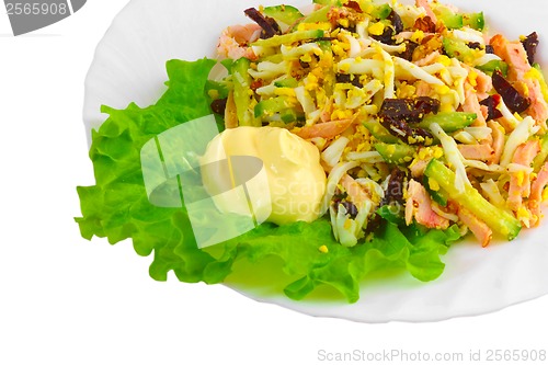 Image of Fresh Shrimp close up salad with olives and cream on a white bac