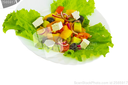 Image of cheese cucumber and tomato sheet plate isolated on white backgro