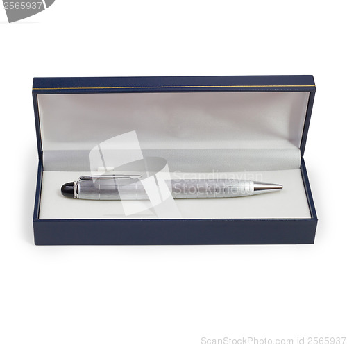 Image of ballpoint silver pen  gift box isolated on a white background