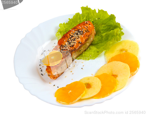 Image of fish boiled salad plate isolated on white background clipping pa