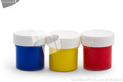 Image of color banks oil paint bottles isolated on white background