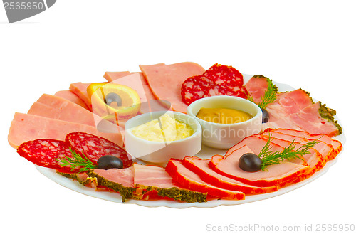 Image of sausage and sliced ham mustard isolated plate isolated a on whit