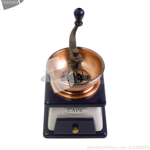 Image of vintage coffee mill blue isolated on white background