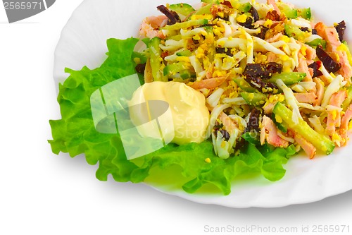 Image of Fresh Shrimp close up salad with olives and cream on a white bac
