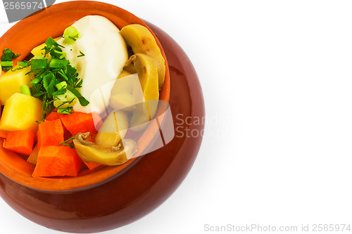 Image of potatoes pot mushrooms food carrot isolated on white ba