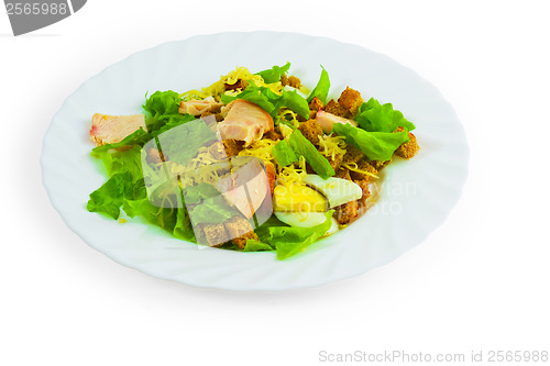 Image of salad bread cheese sausage isolated white background