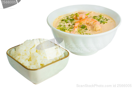 Image of soup food shrimp rice plate isolated white background clipping p