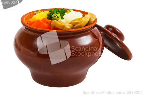 Image of potatoes food pot mushrooms carrot isolated on white ba