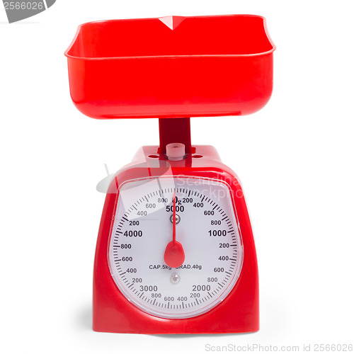 Image of red kitchen scales isolated on white background