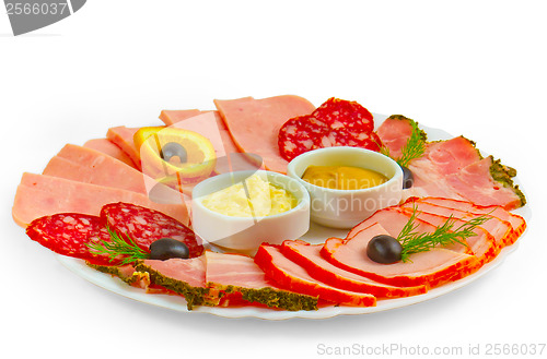 Image of sausage and sliced ham mustard isolated plate isolated a on whit