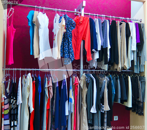 Image of Shop different with clothes shopping, racks and shelves with wom