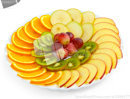 Image of apple kiwi grapes plate sliced isolated on white background