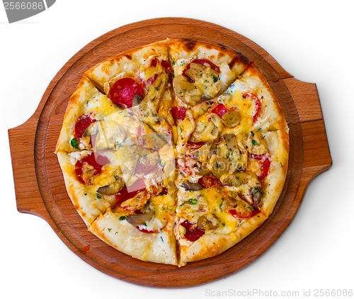 Image of tasty cheese on wooden tray close up mushrooms pizza white backg